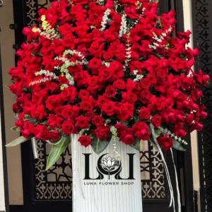باکس گل رز قرمز BL174 با ۱۵۰ شاخه رز هلندی قرمز - گل فروشی لاکچری لونا فلاور کرج